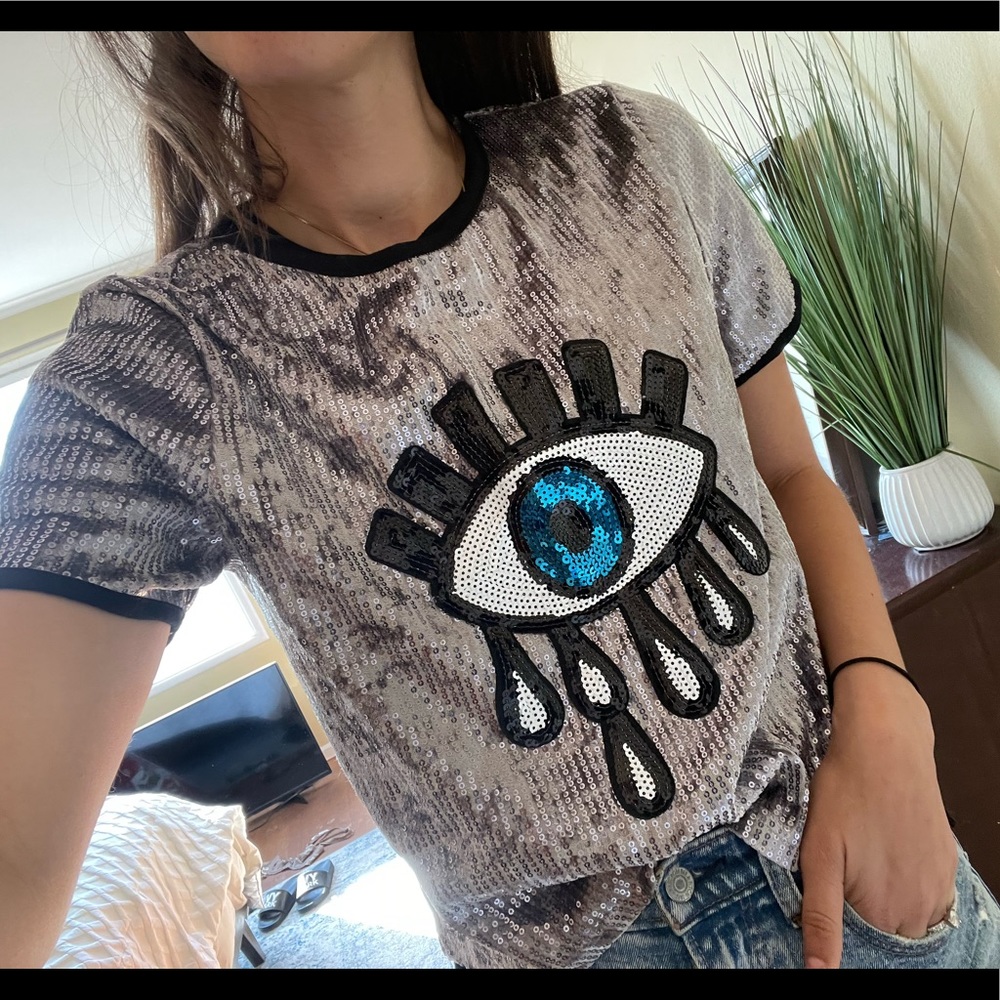 sequin gray Greek evil eye shirt size small